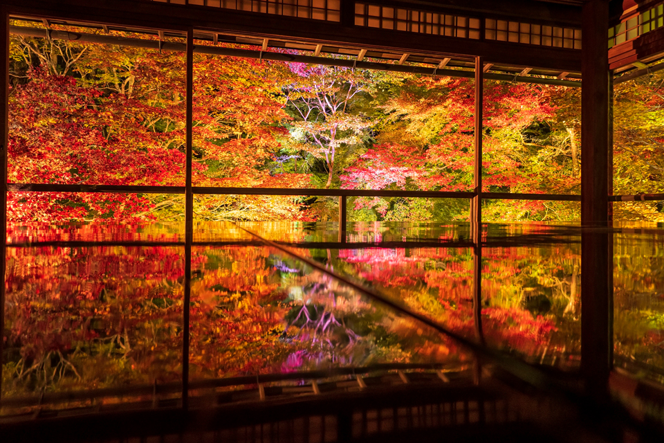 瑠璃光院の紅葉のリフレクション