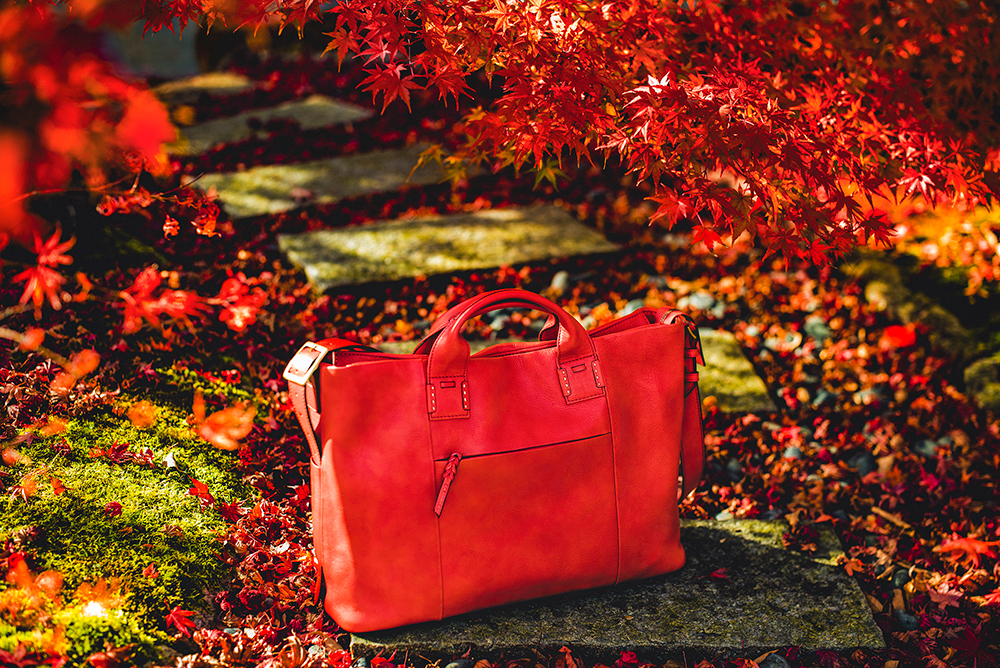 龍安寺 紅葉のなかに、caede京都のZIMAジーマシリーズのバッグ