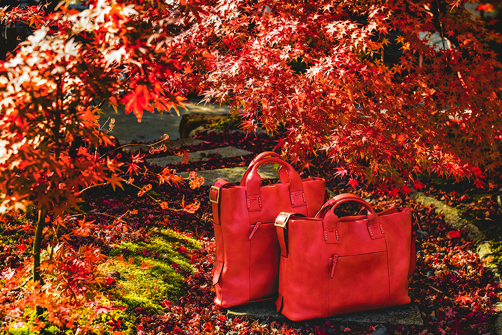 等持院 紅葉のなかに、caede京都のコルテオのバッグ